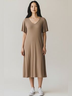 Zenana Outfitters Mocha V-Neck Flutter Sleeve Midi Dress